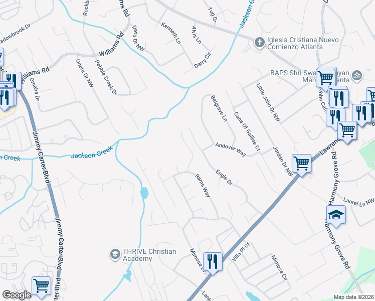 map of restaurants, bars, coffee shops, grocery stores, and more near 464 Rams Court in Tucker