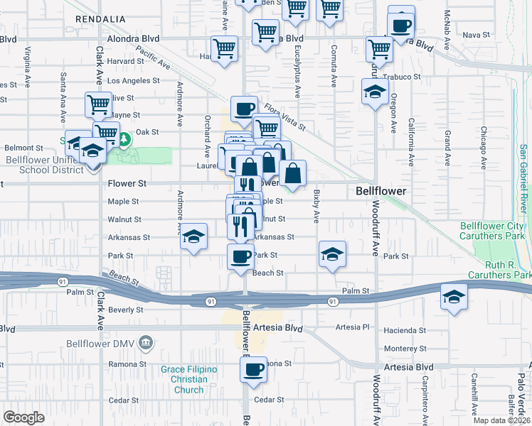 map of restaurants, bars, coffee shops, grocery stores, and more near 9833 Walnut Street in Bellflower