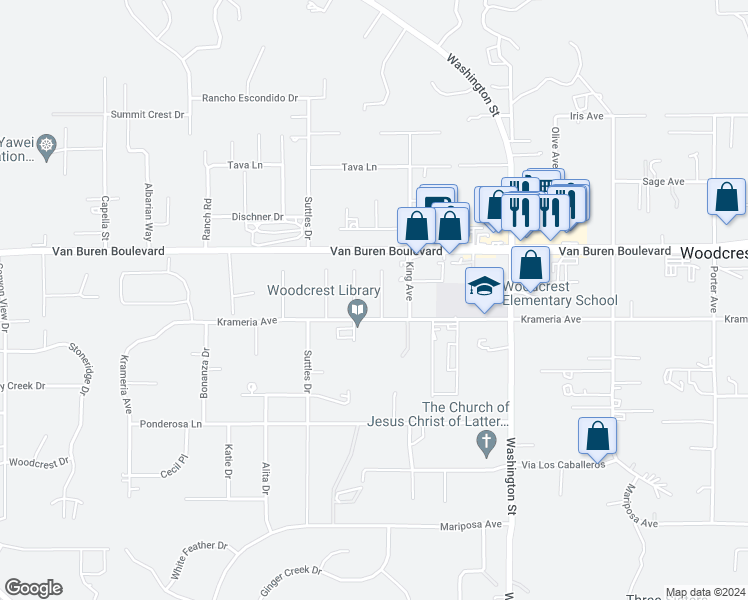 map of restaurants, bars, coffee shops, grocery stores, and more near 16465 Lois Lane in Riverside