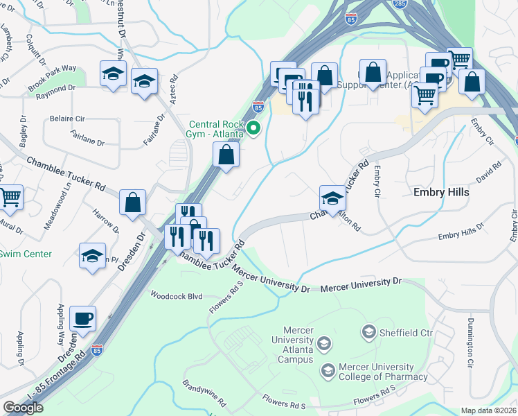 map of restaurants, bars, coffee shops, grocery stores, and more near 3028 Chamblee Tucker Road in Atlanta