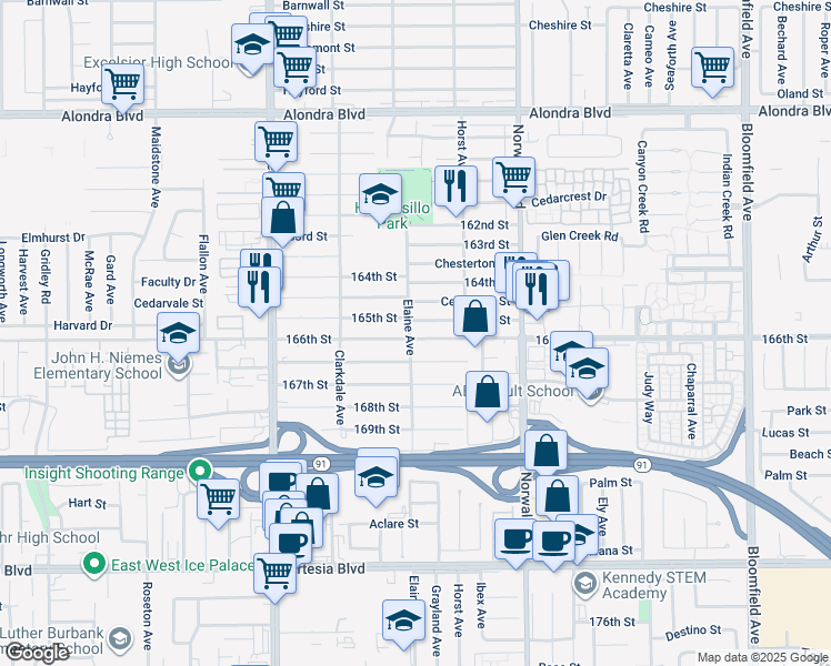 map of restaurants, bars, coffee shops, grocery stores, and more near 16512 Elaine Avenue in Norwalk