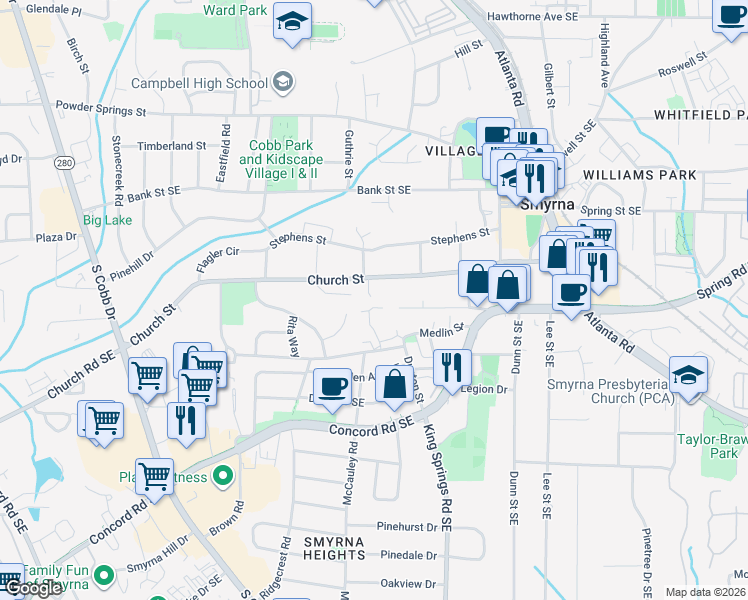 map of restaurants, bars, coffee shops, grocery stores, and more near 3655 Love Street in Smyrna