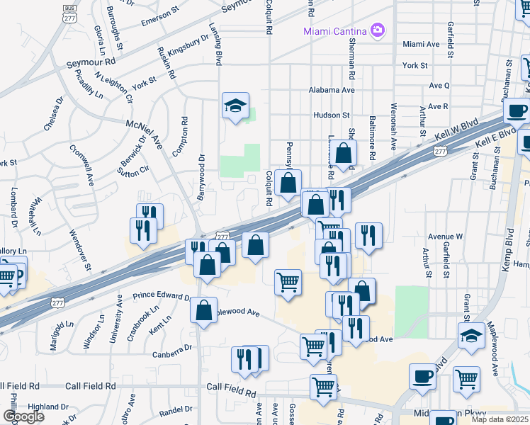 map of restaurants, bars, coffee shops, grocery stores, and more near 3114 Colquit Road in Wichita Falls