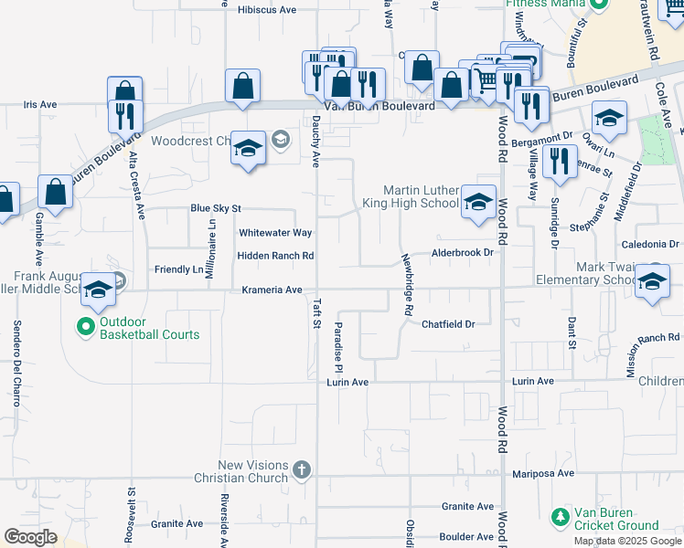 map of restaurants, bars, coffee shops, grocery stores, and more near 18551 Alderbrook Drive in Riverside