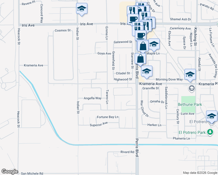 map of restaurants, bars, coffee shops, grocery stores, and more near 16522 Tarano Lane in Moreno Valley