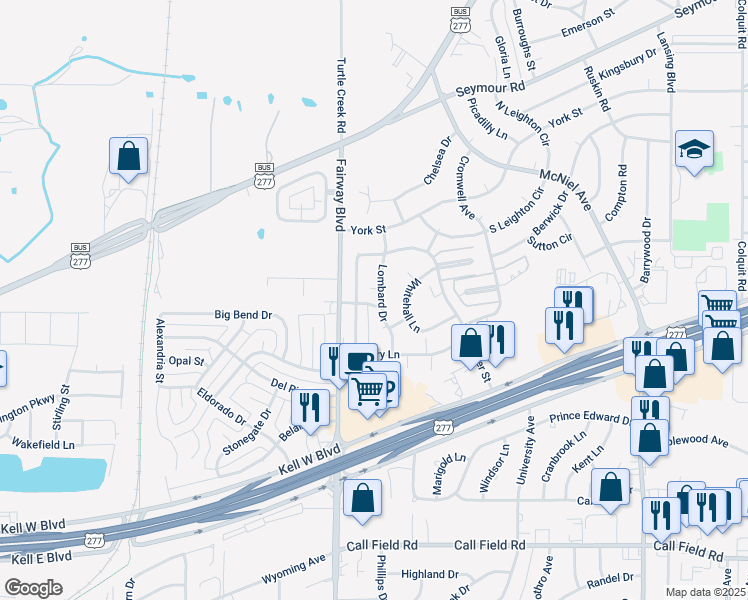 map of restaurants, bars, coffee shops, grocery stores, and more near 3015 Lombard Drive in Wichita Falls