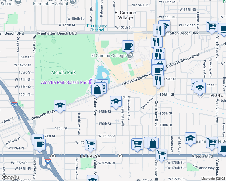 map of restaurants, bars, coffee shops, grocery stores, and more near 3444 Redondo Beach Boulevard in Torrance