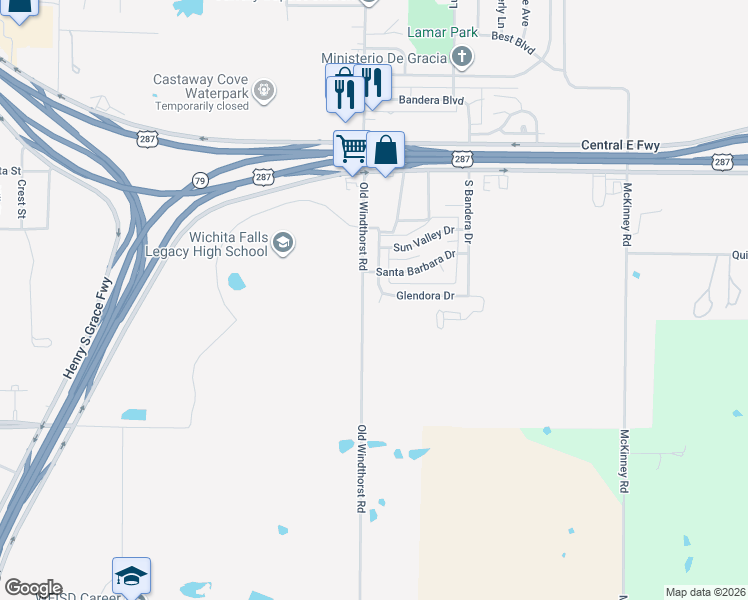 map of restaurants, bars, coffee shops, grocery stores, and more near 3002 Southridge Drive in Wichita Falls