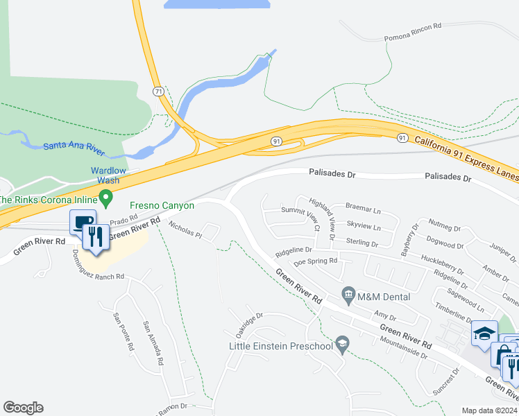 map of restaurants, bars, coffee shops, grocery stores, and more near 794 Meridian Circle in Corona