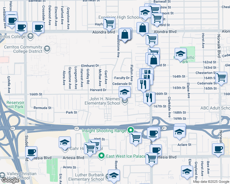 map of restaurants, bars, coffee shops, grocery stores, and more near 11608 Harvard Drive in Norwalk