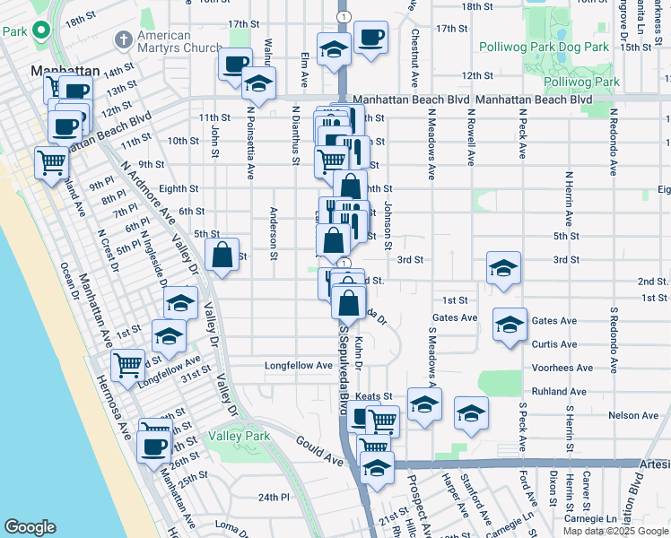 map of restaurants, bars, coffee shops, grocery stores, and more near 207 North Sepulveda Boulevard in Manhattan Beach
