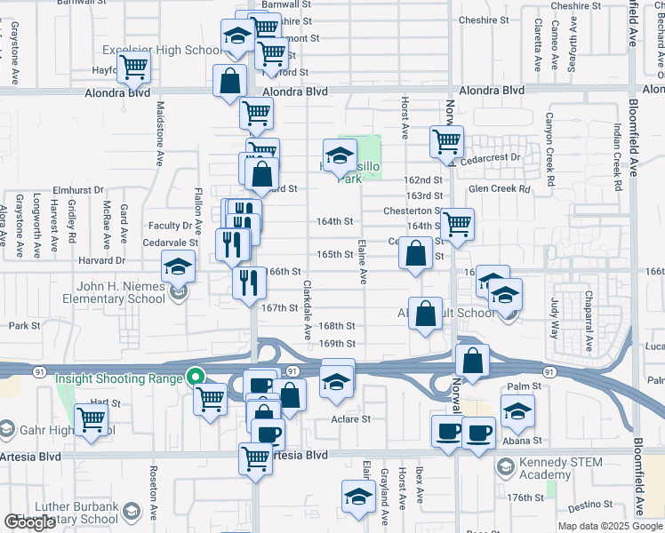 map of restaurants, bars, coffee shops, grocery stores, and more near 11935 166th Street in Norwalk
