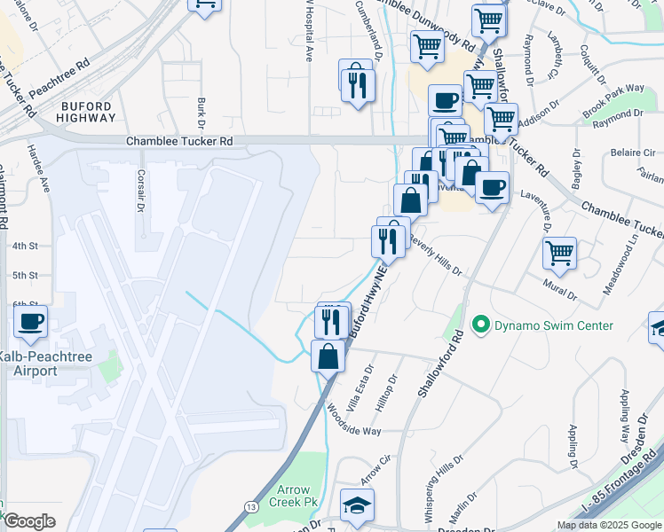map of restaurants, bars, coffee shops, grocery stores, and more near 4770 Buford Highway Northeast in Atlanta