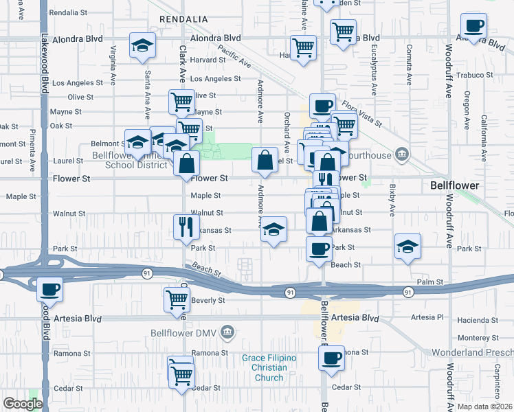 map of restaurants, bars, coffee shops, grocery stores, and more near 16919 Ardmore Avenue in Bellflower
