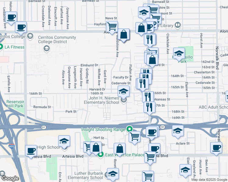 map of restaurants, bars, coffee shops, grocery stores, and more near 11608 Harvard Drive in Norwalk