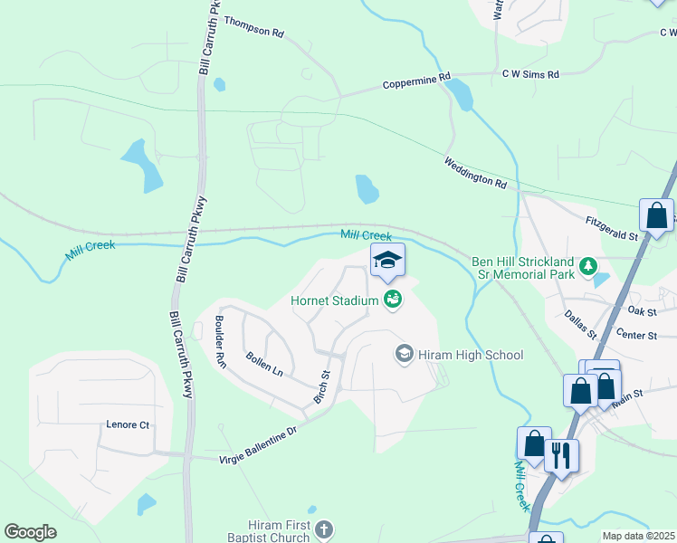 map of restaurants, bars, coffee shops, grocery stores, and more near 348 Baywood Way in Hiram
