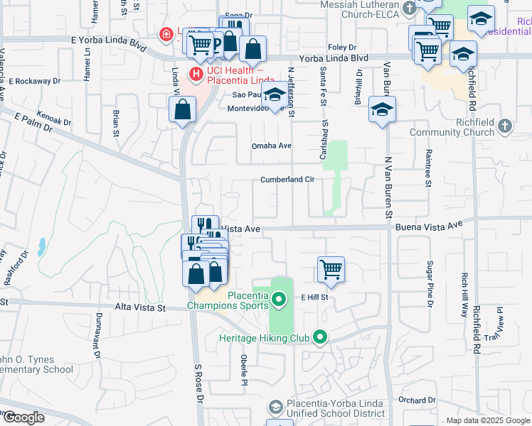 map of restaurants, bars, coffee shops, grocery stores, and more near 16921 Durham Drive in Yorba Linda