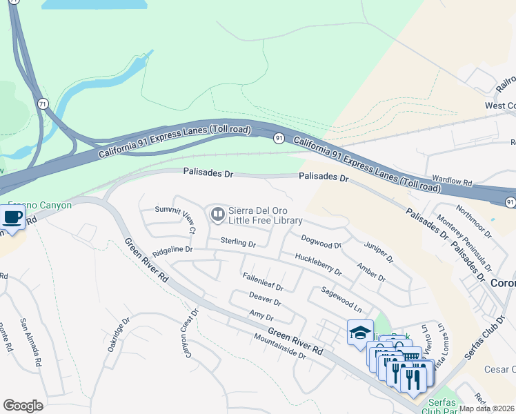 map of restaurants, bars, coffee shops, grocery stores, and more near 3271 Braemar Ln in Corona