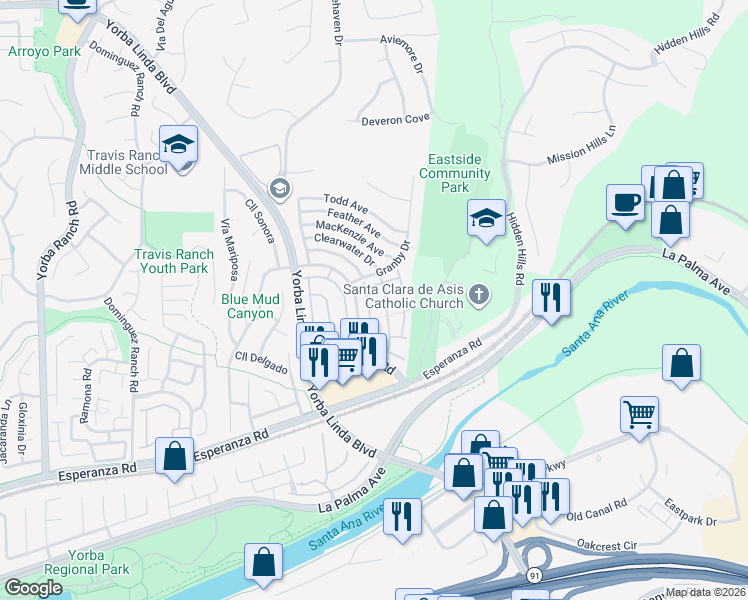 map of restaurants, bars, coffee shops, grocery stores, and more near 5640 Greenbriar Drive in Yorba Linda