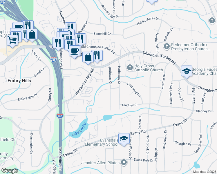 map of restaurants, bars, coffee shops, grocery stores, and more near 3124 Nottaway Court in Chamblee