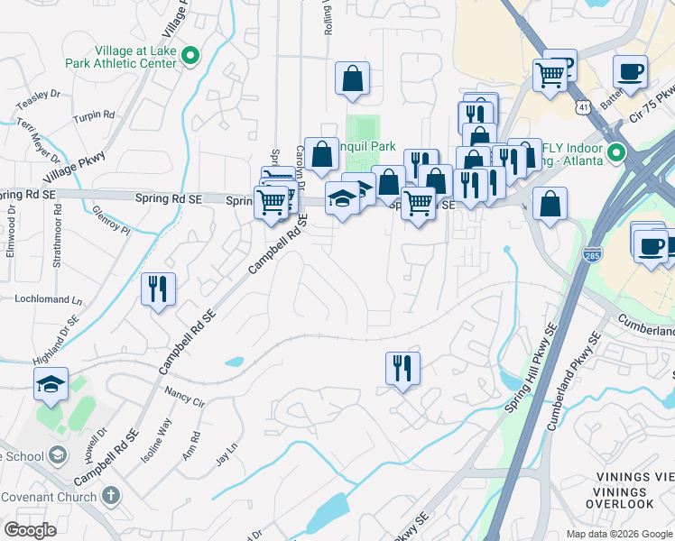 map of restaurants, bars, coffee shops, grocery stores, and more near 1211 Bickham Way Southeast in Smyrna