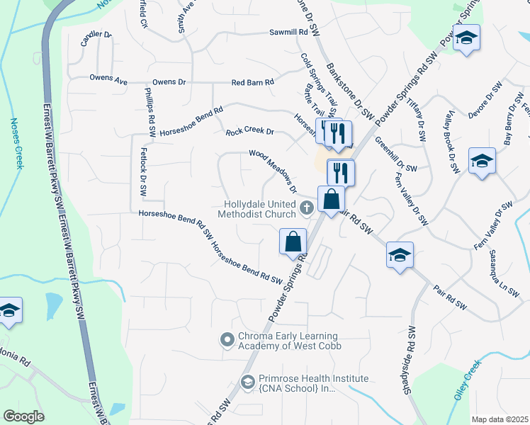 map of restaurants, bars, coffee shops, grocery stores, and more near 2478 Wood Meadows Drive in Marietta