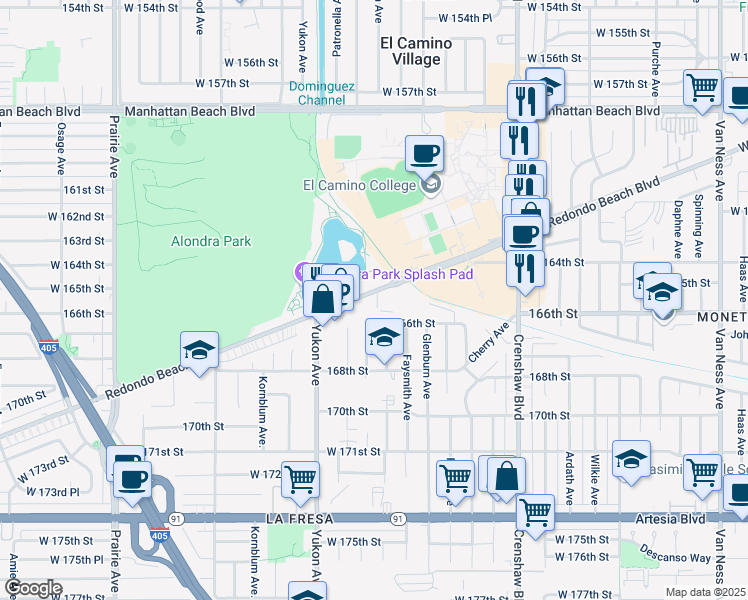 map of restaurants, bars, coffee shops, grocery stores, and more near 3444 Redondo Beach Boulevard in Torrance