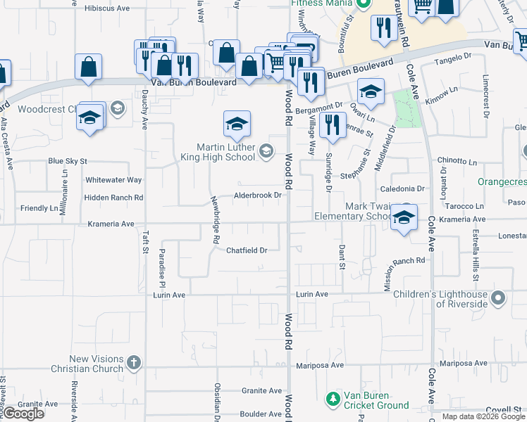map of restaurants, bars, coffee shops, grocery stores, and more near 9360 Hearthstone Court in Riverside