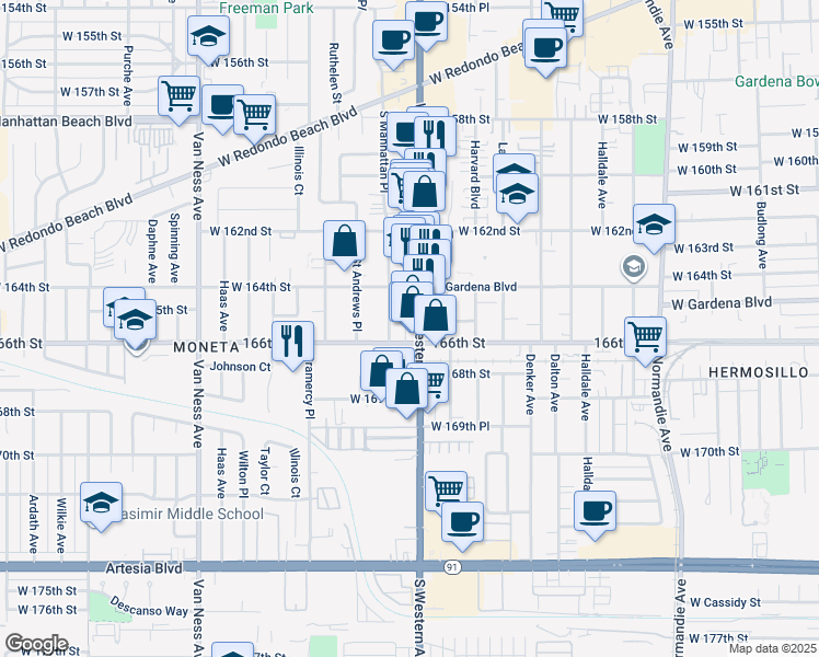 map of restaurants, bars, coffee shops, grocery stores, and more near 16517 South Western Avenue in Gardena