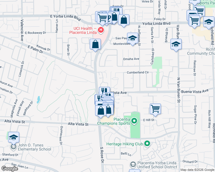 map of restaurants, bars, coffee shops, grocery stores, and more near 5555 Greenwich Circle in Yorba Linda