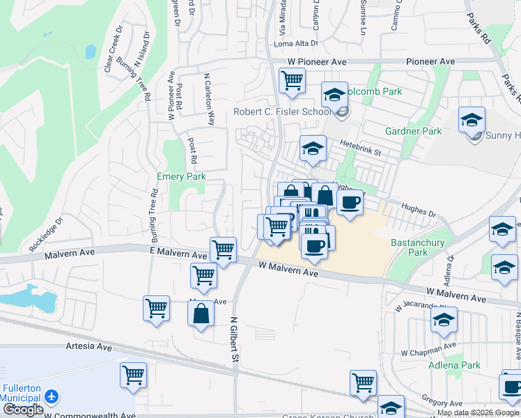 map of restaurants, bars, coffee shops, grocery stores, and more near 920 Whitewater Drive in Fullerton