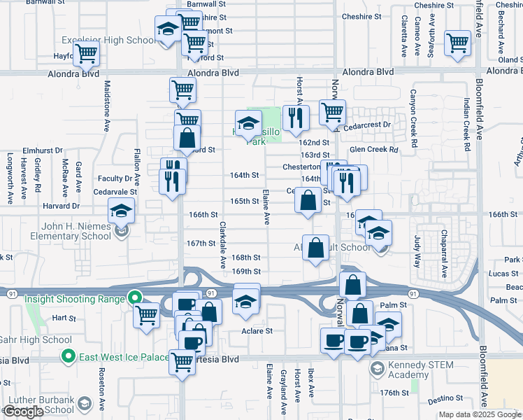 map of restaurants, bars, coffee shops, grocery stores, and more near 16512 Elaine Avenue in Norwalk