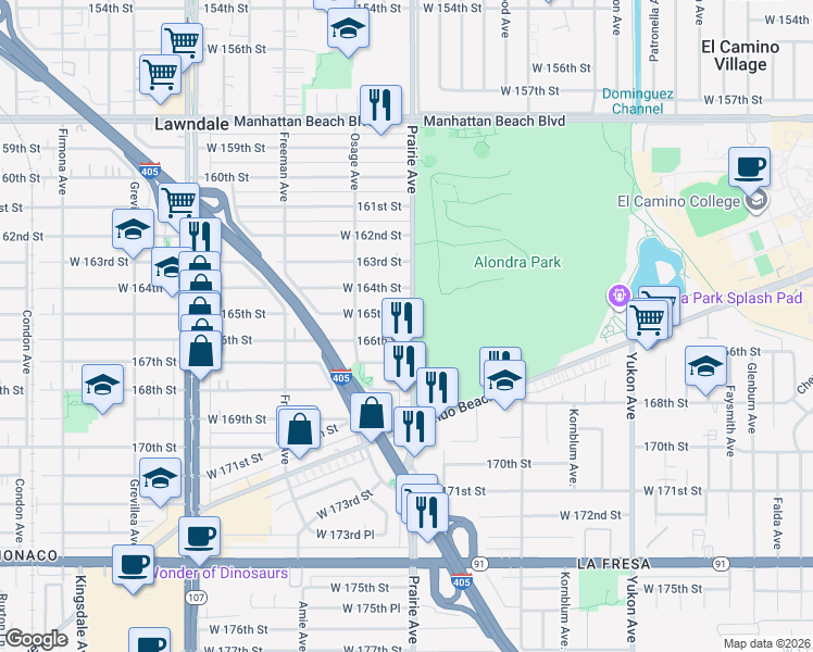 map of restaurants, bars, coffee shops, grocery stores, and more near 16515 Prairie Avenue in Lawndale