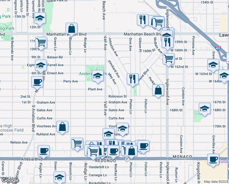 map of restaurants, bars, coffee shops, grocery stores, and more near 2802 May Avenue in Redondo Beach