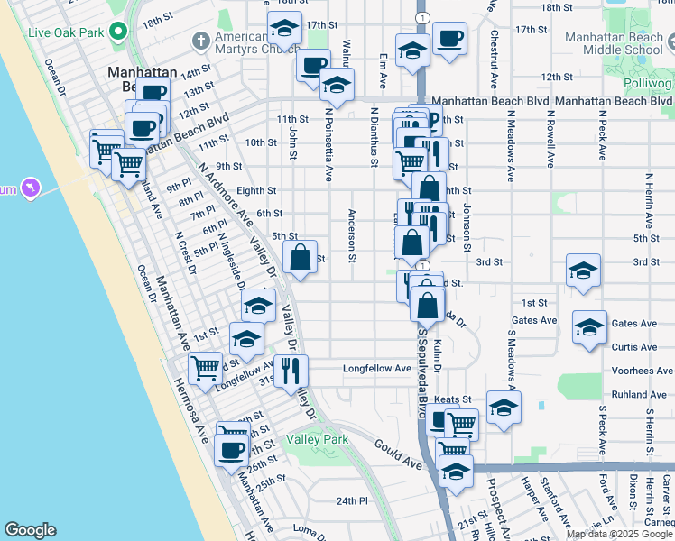 map of restaurants, bars, coffee shops, grocery stores, and more near 211 Anderson Street in Manhattan Beach