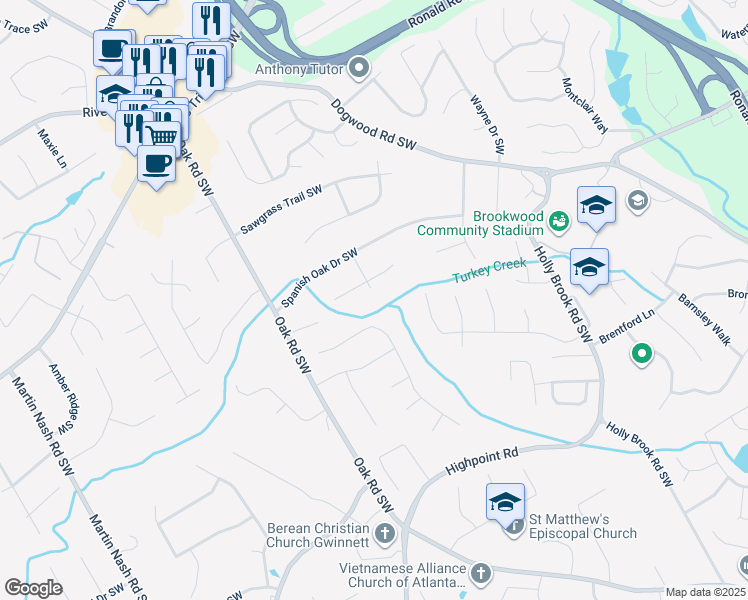 map of restaurants, bars, coffee shops, grocery stores, and more near 1203 Barkwood Court Southwest in Snellville