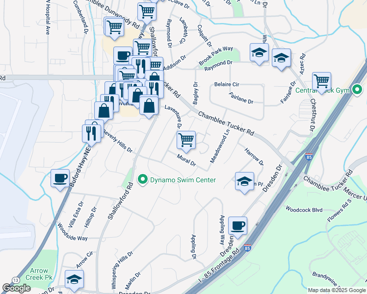 map of restaurants, bars, coffee shops, grocery stores, and more near 2564 Mural Drive in Chamblee