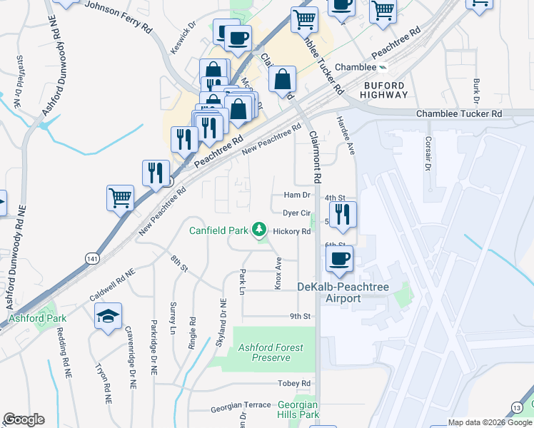 map of restaurants, bars, coffee shops, grocery stores, and more near 1871 Dyer Circle in Chamblee