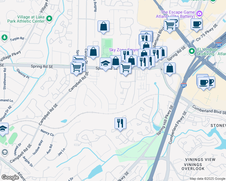 map of restaurants, bars, coffee shops, grocery stores, and more near 2964 Woodruff Drive Southeast in Smyrna
