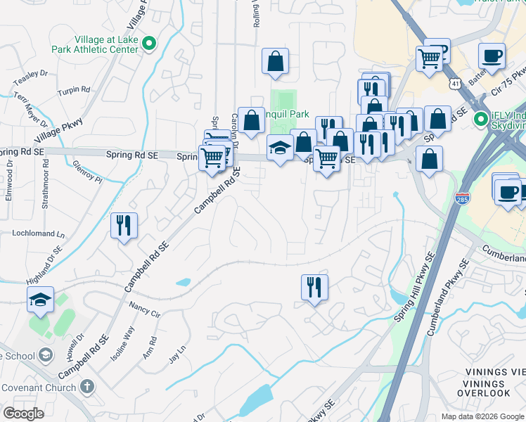 map of restaurants, bars, coffee shops, grocery stores, and more near 1211 Bickham Way Southeast in Smyrna