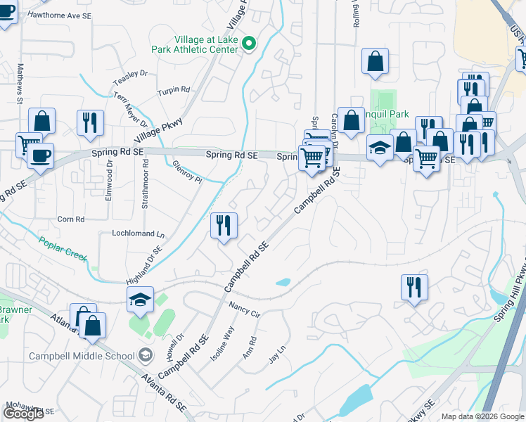 map of restaurants, bars, coffee shops, grocery stores, and more near 1206 Country Park Drive in Smyrna