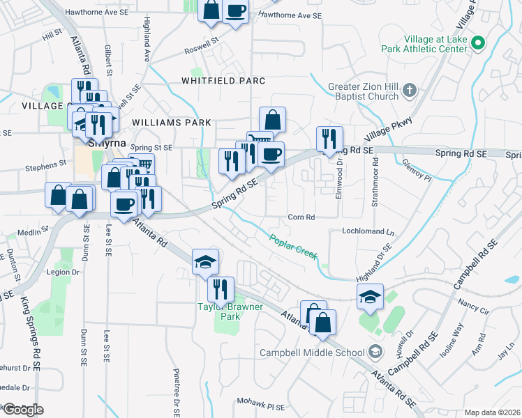 map of restaurants, bars, coffee shops, grocery stores, and more near 1639 Spring Road Southeast in Smyrna