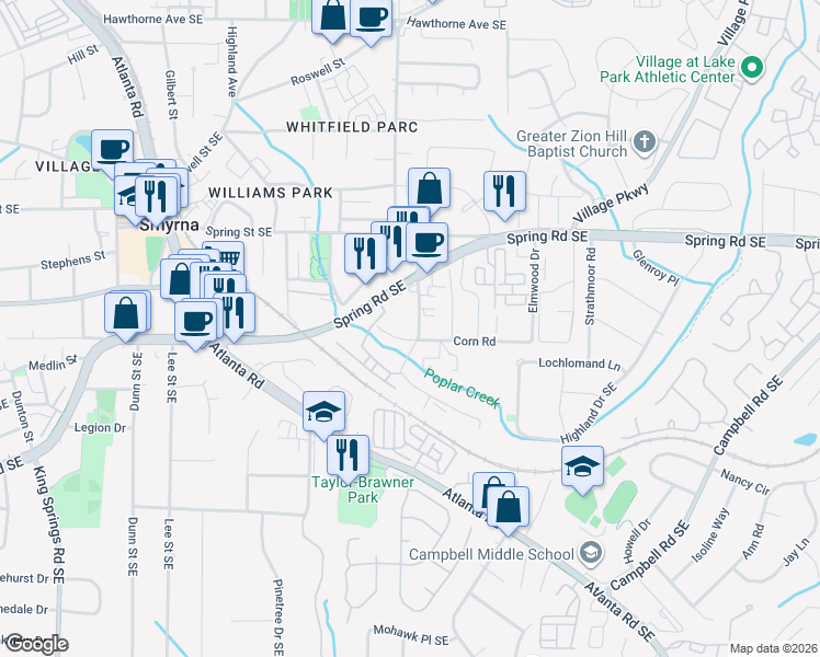 map of restaurants, bars, coffee shops, grocery stores, and more near 1639 Spring Road Southeast in Smyrna