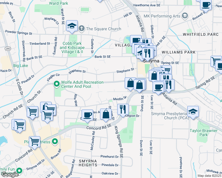 map of restaurants, bars, coffee shops, grocery stores, and more near 1143 Love Street in Smyrna