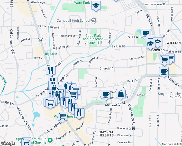 map of restaurants, bars, coffee shops, grocery stores, and more near 3011 Clifton Road in Smyrna