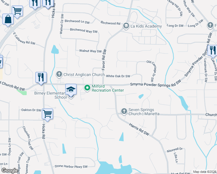 map of restaurants, bars, coffee shops, grocery stores, and more near 575 Smyrna Powder Springs Road Southwest in Marietta