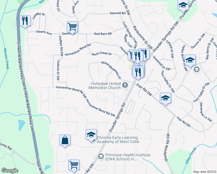 map of restaurants, bars, coffee shops, grocery stores, and more near 2478 Wood Meadows Drive in Marietta
