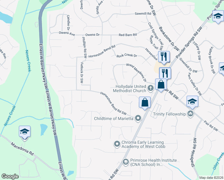 map of restaurants, bars, coffee shops, grocery stores, and more near 2505 Wood Meadows Trail Southwest in Marietta