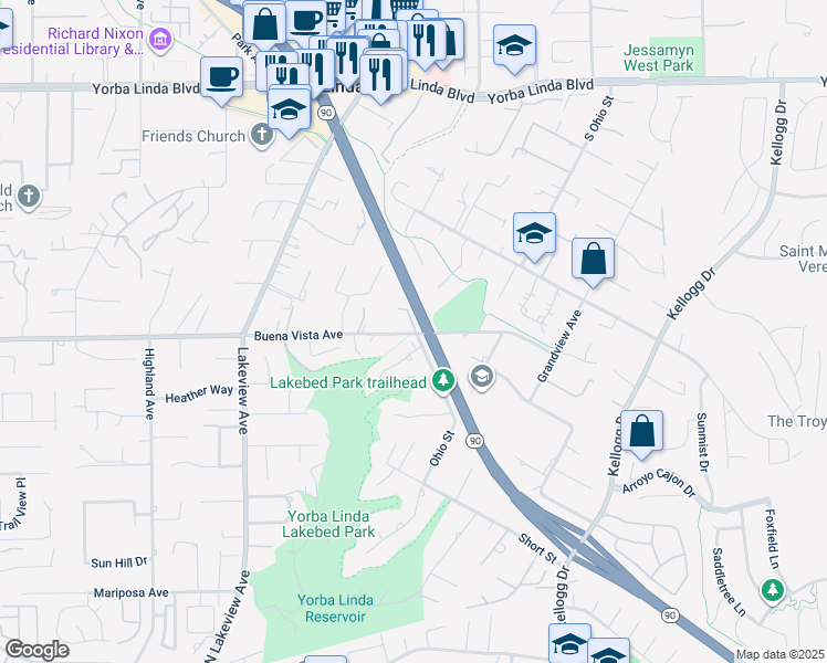 map of restaurants, bars, coffee shops, grocery stores, and more near 18571 Buena Vista Avenue in Yorba Linda