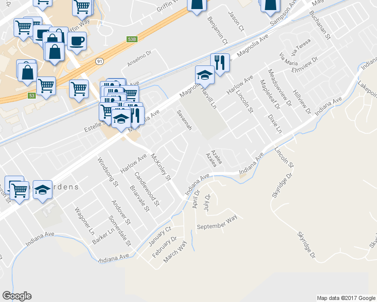 map of restaurants, bars, coffee shops, grocery stores, and more near 3627 Windstorm Way in Riverside